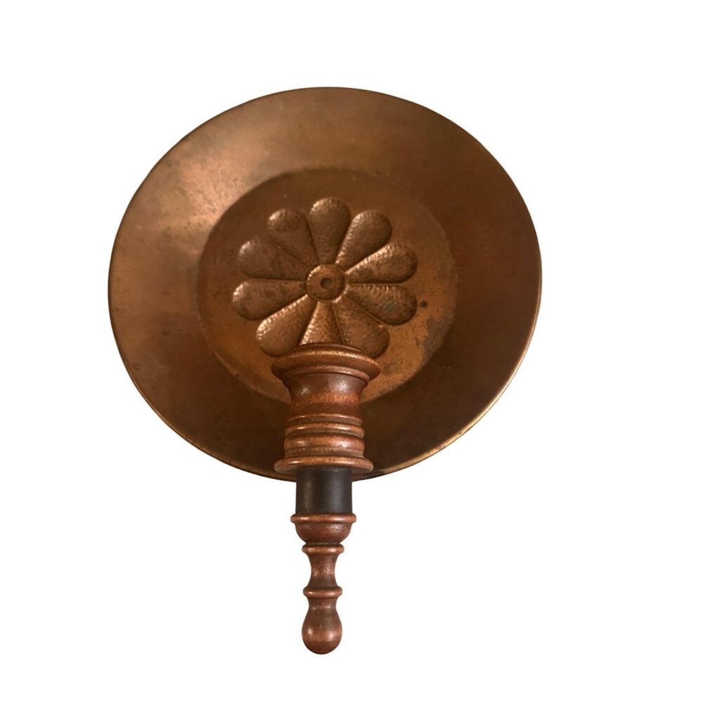 Vintage Copper & Wood Candle Holder With Flower Motif Primitive Decor